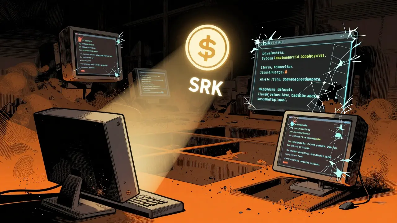 Abandoned BSC DEX interface with flickering SRK token and failed transaction errors.