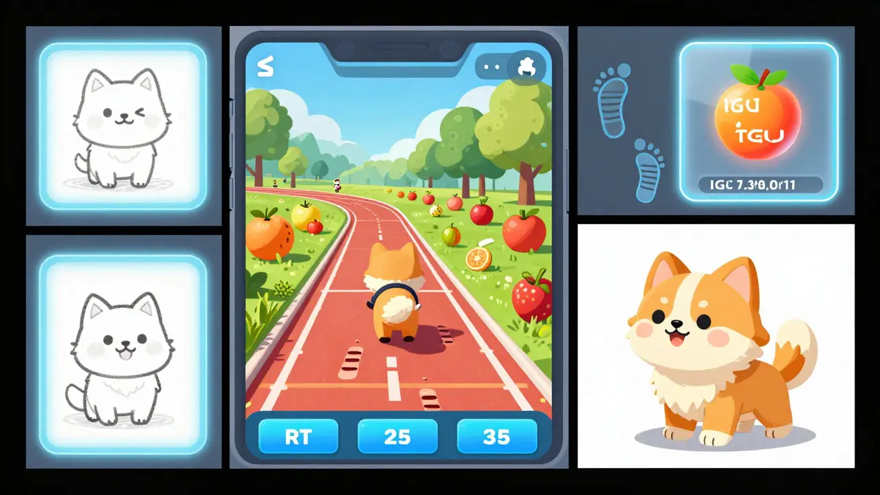 An AI pet races on a fruit track in a mobile game, with steps and social posts transforming into real-time rewards.