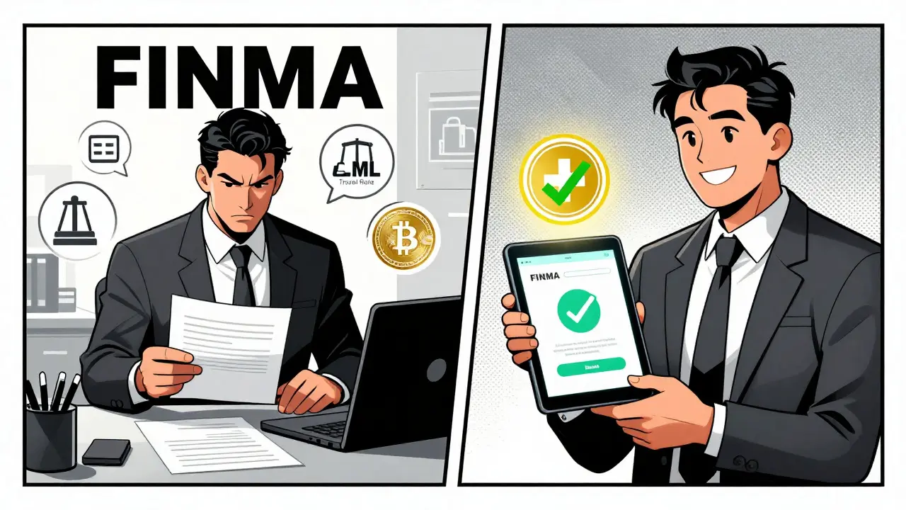 Business owner interacting with FINMA regulator while launching a compliant crypto wallet app.