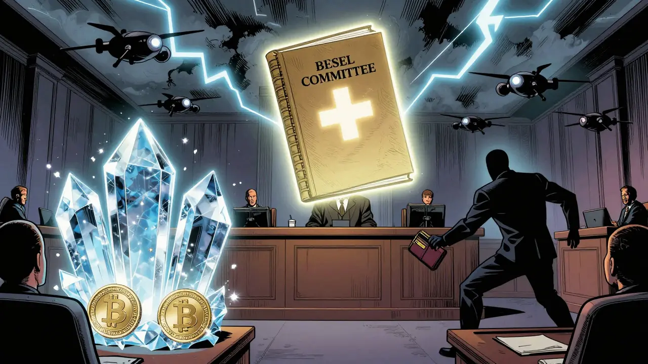 Courtroom scene with transparent stablecoin issuer versus shadowy non-compliant operator under Basel rules.