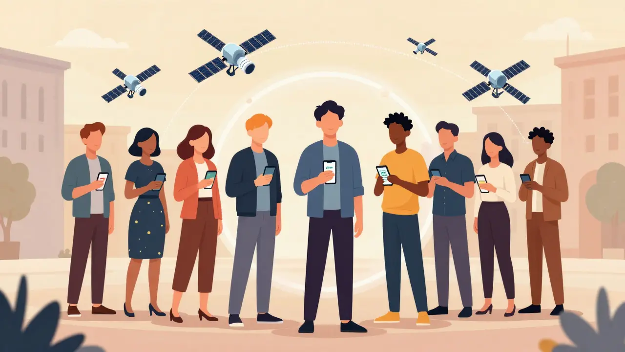 EU users calmly using the Biteeu app under a halo of orbiting satellites and encrypted data.