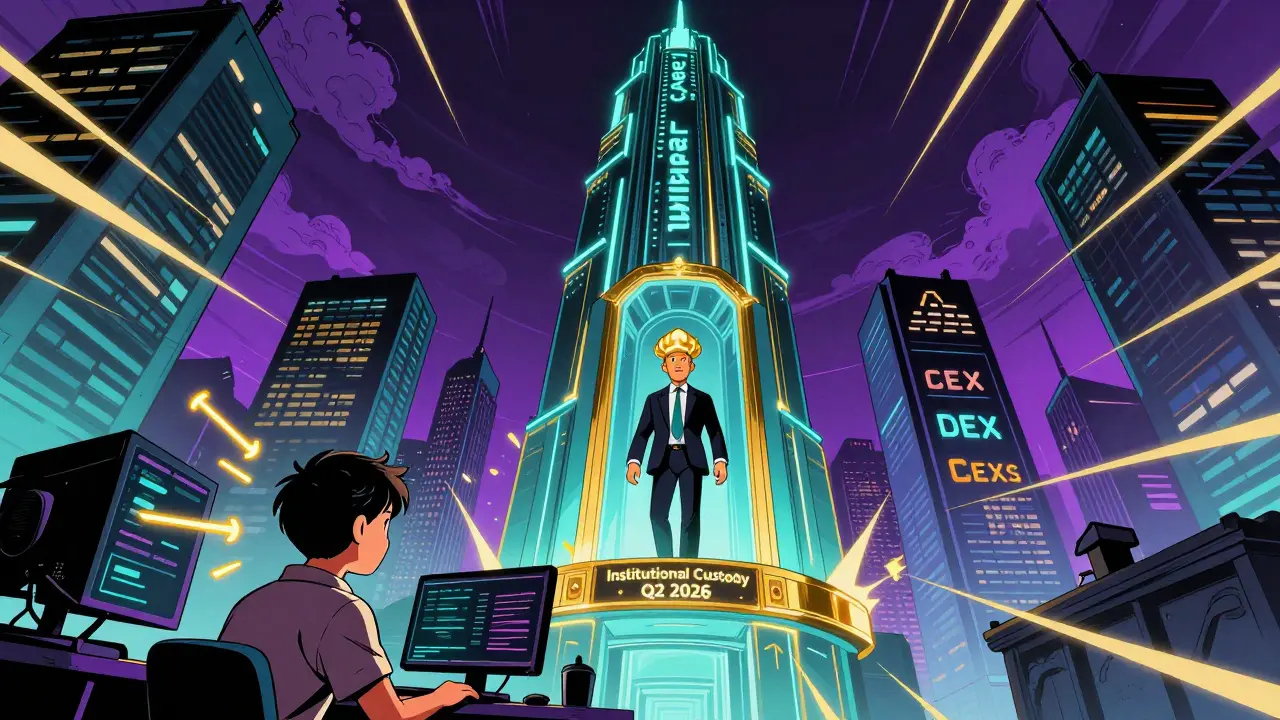 Futuristic Lumia blockchain tower rising above competing exchanges with institutional users entering.