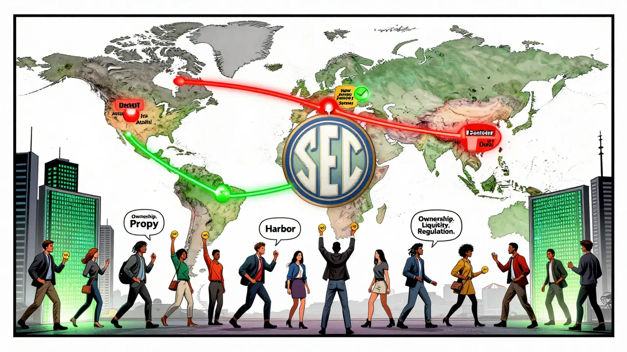 Global map with blocked EU paths and glowing U.S. and Dubai connections, diverse investors stepping through blockchain portals.