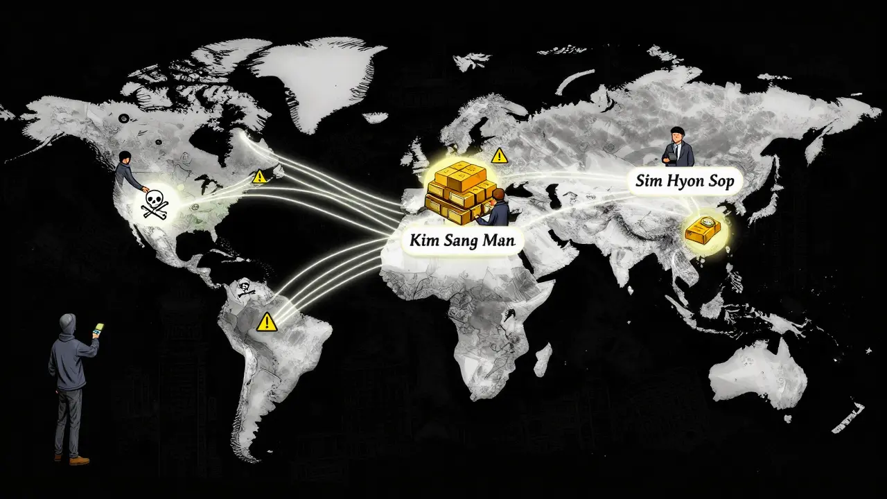 Global map with crypto flows leading to sanctioned wallets, OTC traders exchanging digital currency for cash and gold.