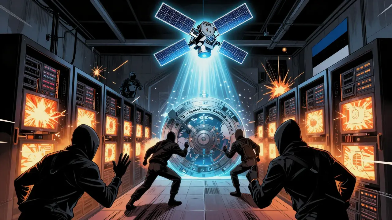 Hackers attacking a server room as a satellite shields it with protective energy from space.