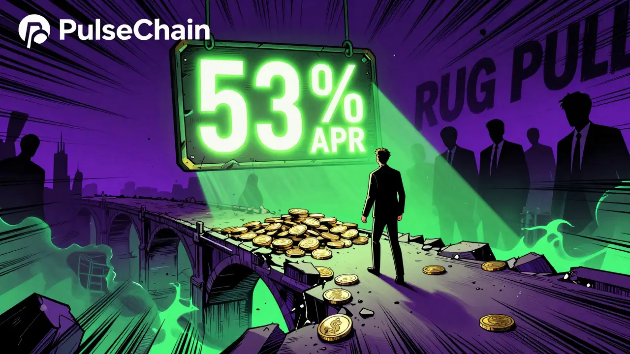 High-risk PulseChain yield farm with 53% APR sign over crumbling stablecoin bridge.