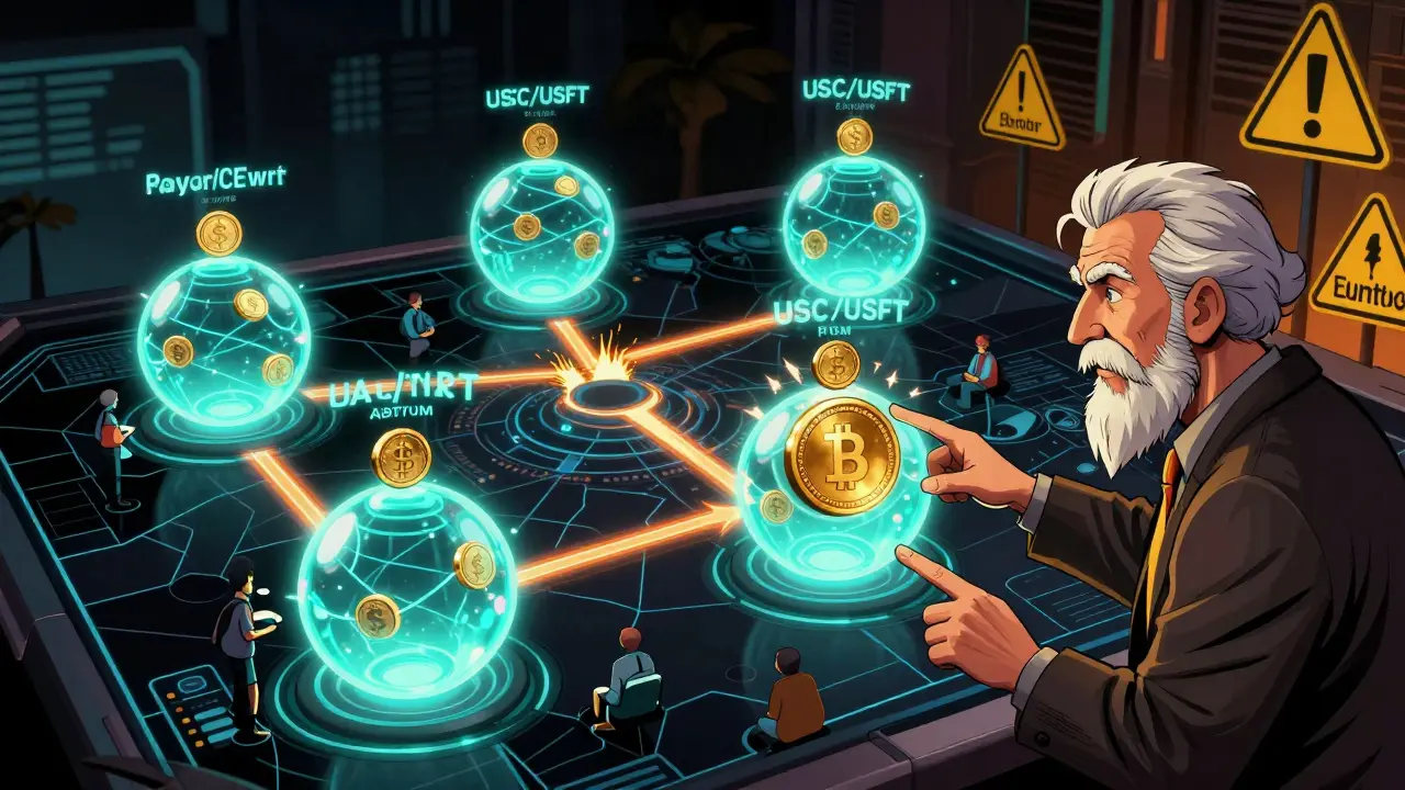 Holographic DeFi map with liquidity pools and a veteran guiding toward stablecoin safety