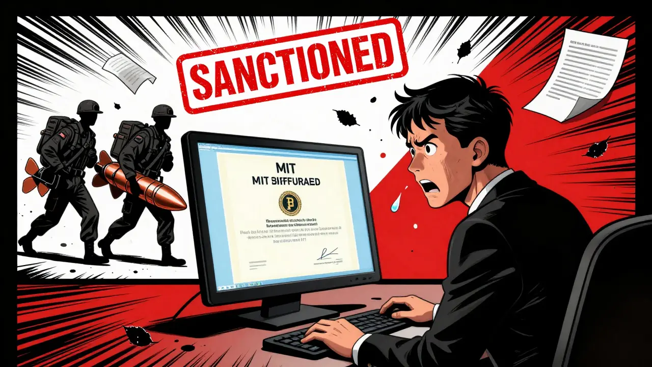 HR manager horrified at fake diploma and frozen crypto wallet, ghostly soldiers carrying missile parts behind them.