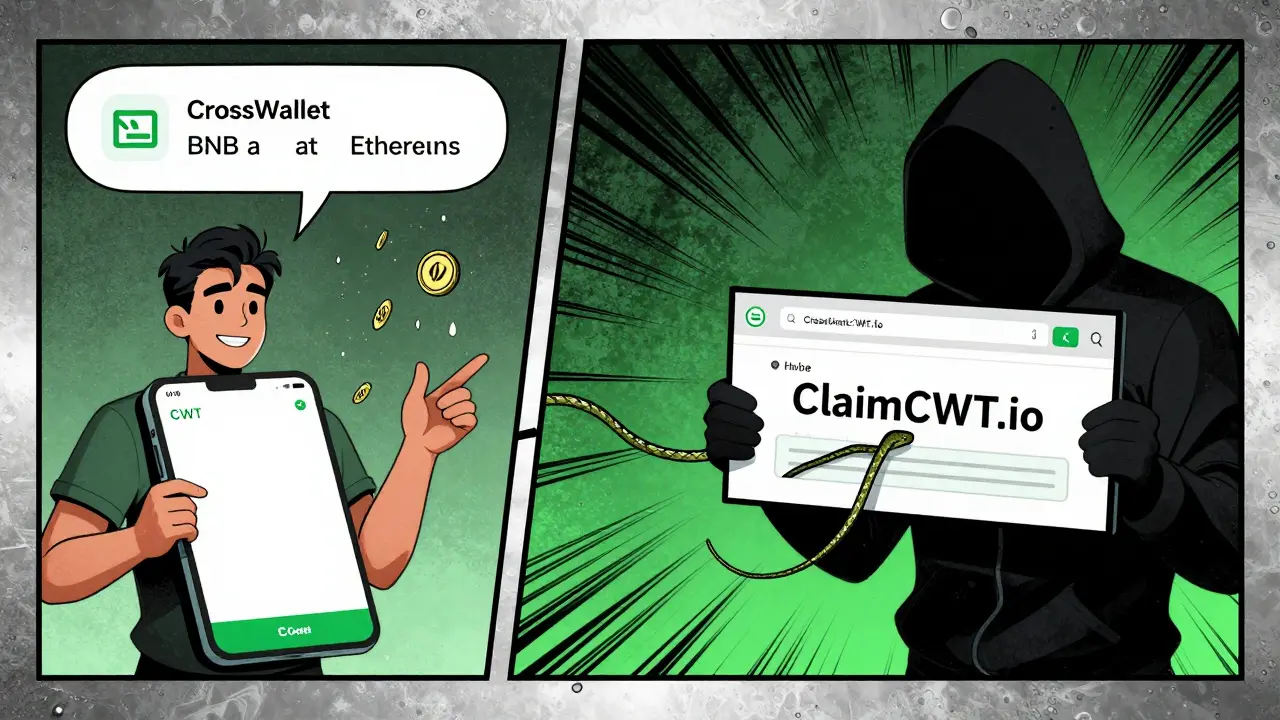 Left: user swaps tokens and receives CWT rewards. Right: scammer steals seed phrase with fake website.