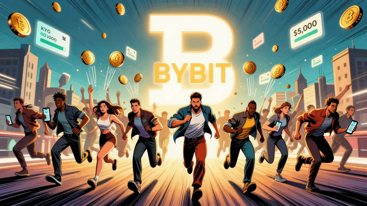 Participants race toward a Bybit logo during a 72-hour airdrop, receiving cascading IGU tokens in a dynamic comic scene.
