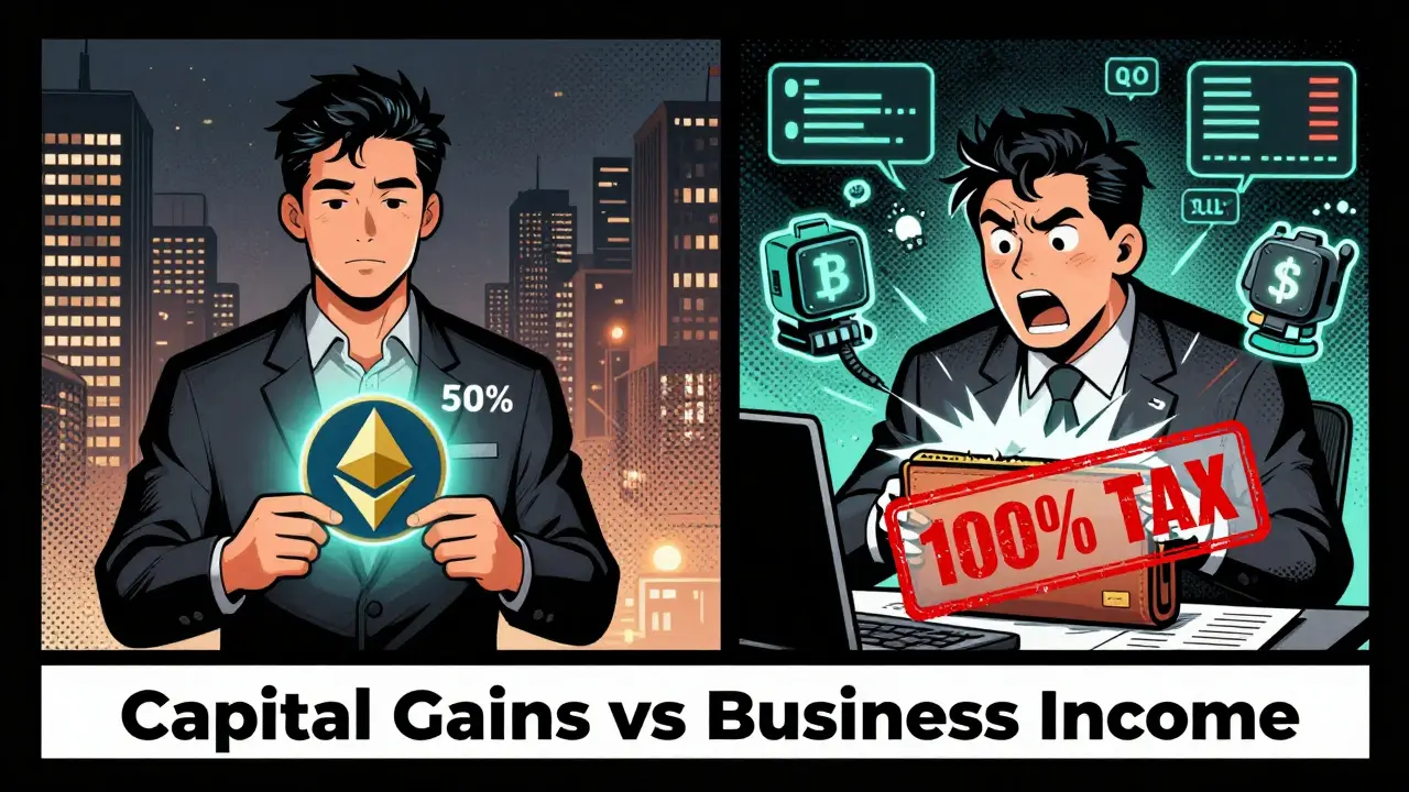 Split comic panel showing capital gains vs business income tax consequences
