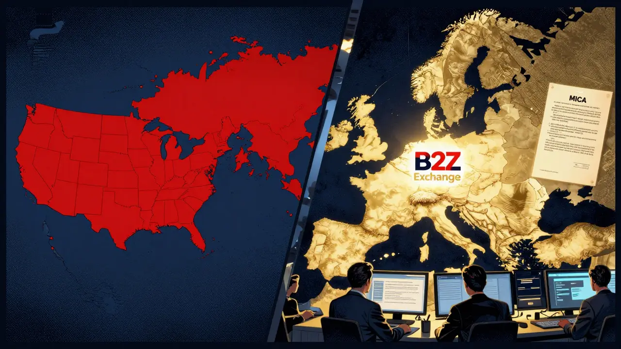 Split-panel map showing blocked countries and glowing B2Z Exchange presence across Europe under MiCA regulations.