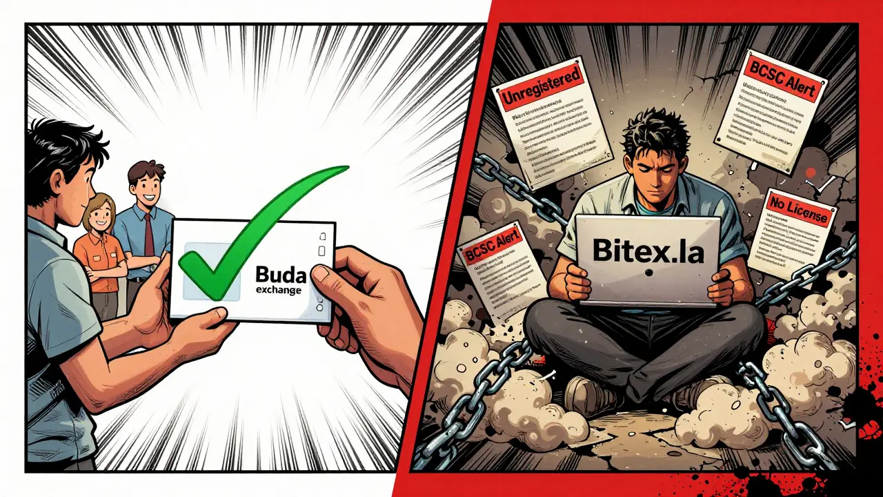 Split scene: efficient crypto exchange on left vs. chaotic, warned Bitex.la on right.