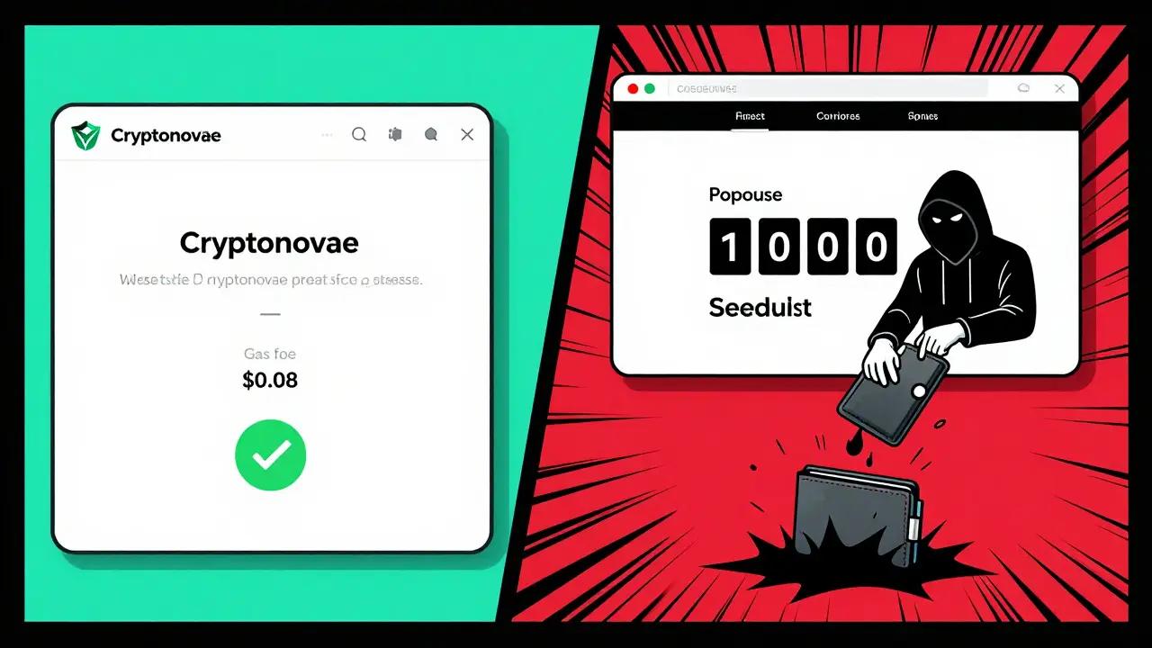 Split scene: legitimate airdrop on left, phishing scam on right, contrasting colors and details.