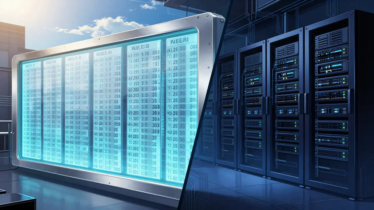 Split scene showing public blockchain transparency next to private corporate systems in a hybrid future.