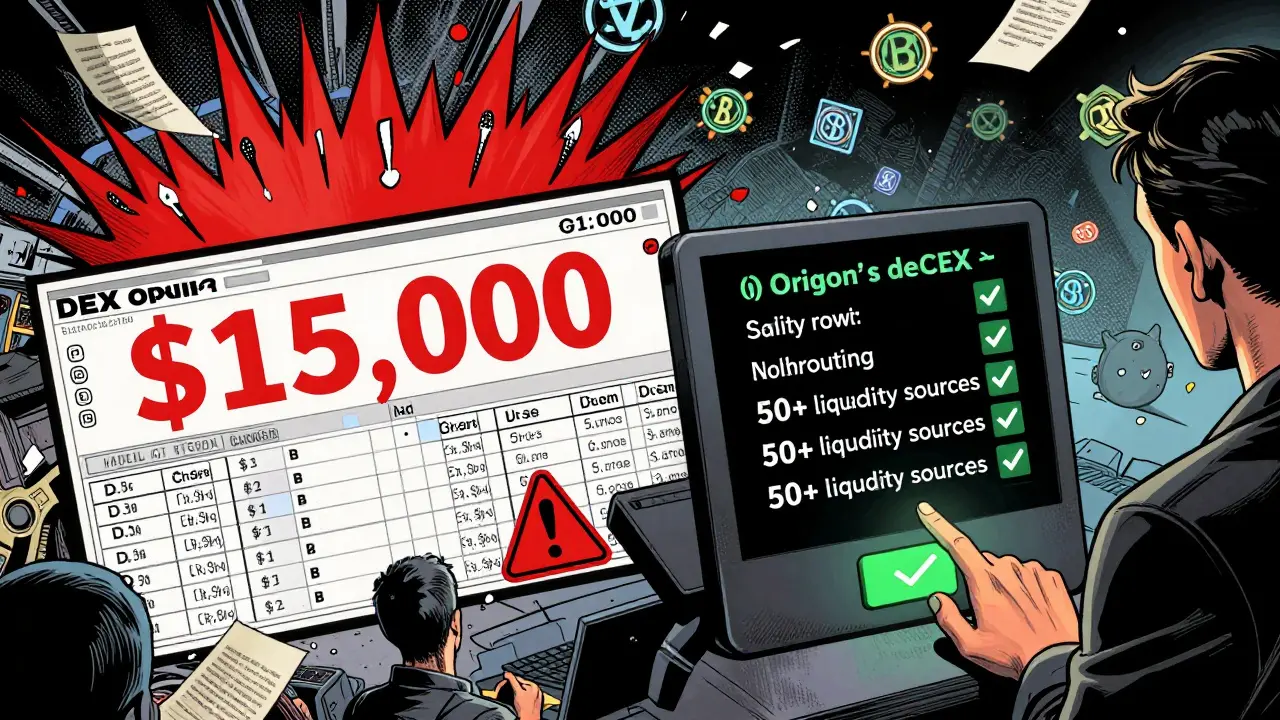 Split-screen comparison of chaotic DEX slippage versus Orion's smooth trade routing.