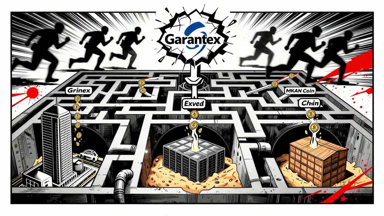 Three successor crypto platforms branching from Garantex's ruins, connecting Hong Kong, Dubai, and Thailand through a financial maze.