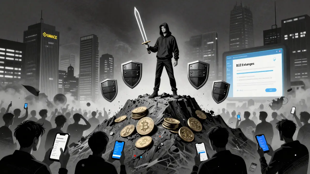 Trader atop a pile of crypto coins wielding a futures contract, protected by isolated wallets, while chaotic retail traders struggle below.