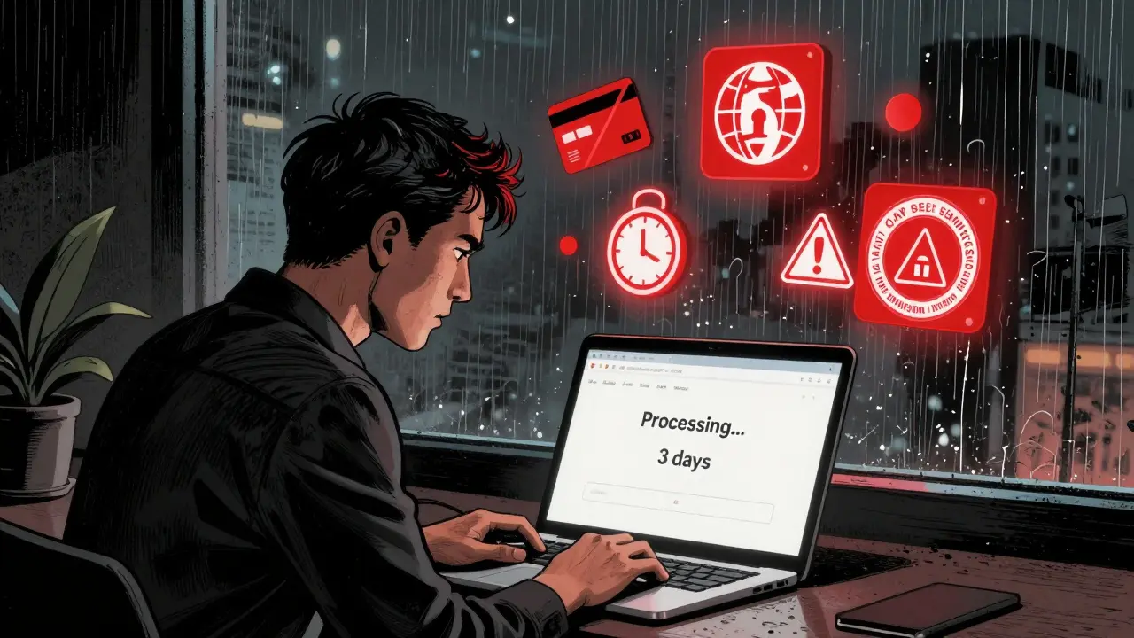 Trader frustrated by slow Bitcoin withdrawal with red warning icons floating around a laptop.
