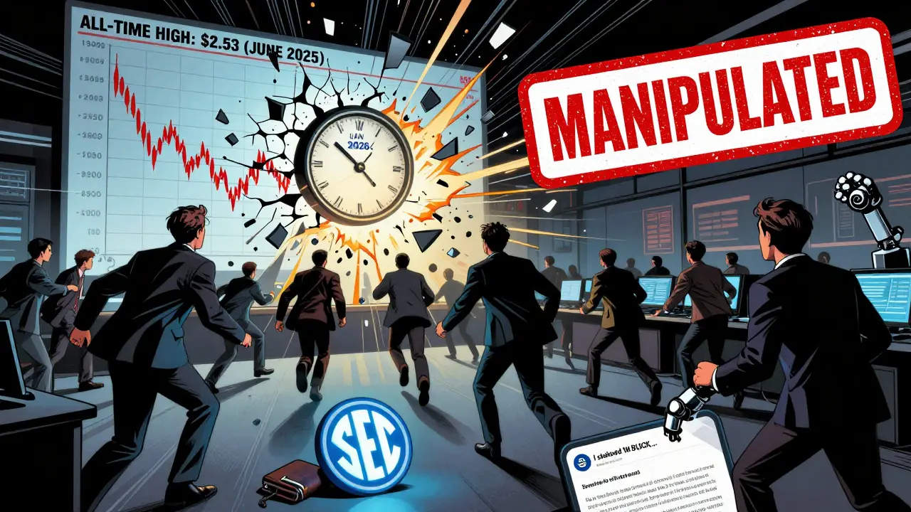Traders fleeing as a fake price chart explodes, revealing a future date and a SEC badge, in dramatic comic book composition.