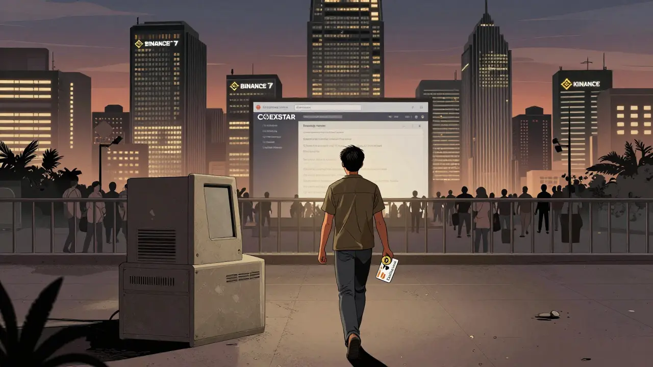 User walking away from COEXSTAR terminal at dusk, holding Bitcoin and ID, while global exchanges loom in distance.