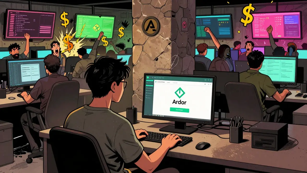 A calm trader at a quiet desk contrasts with a chaotic Uniswap and PancakeSwap trading floor, highlighting Ardor's simplicity.