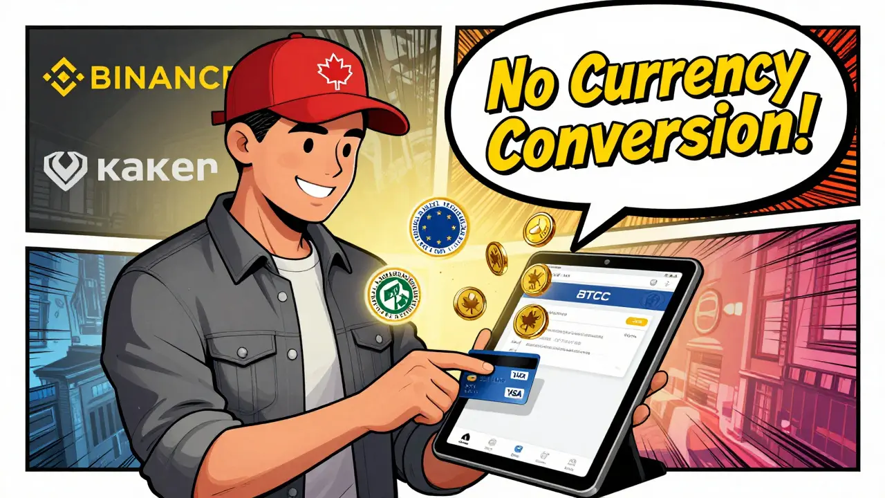 A Canadian trader depositing CAD directly into BTCC while regulatory badges glow beside them, no currency conversion needed.