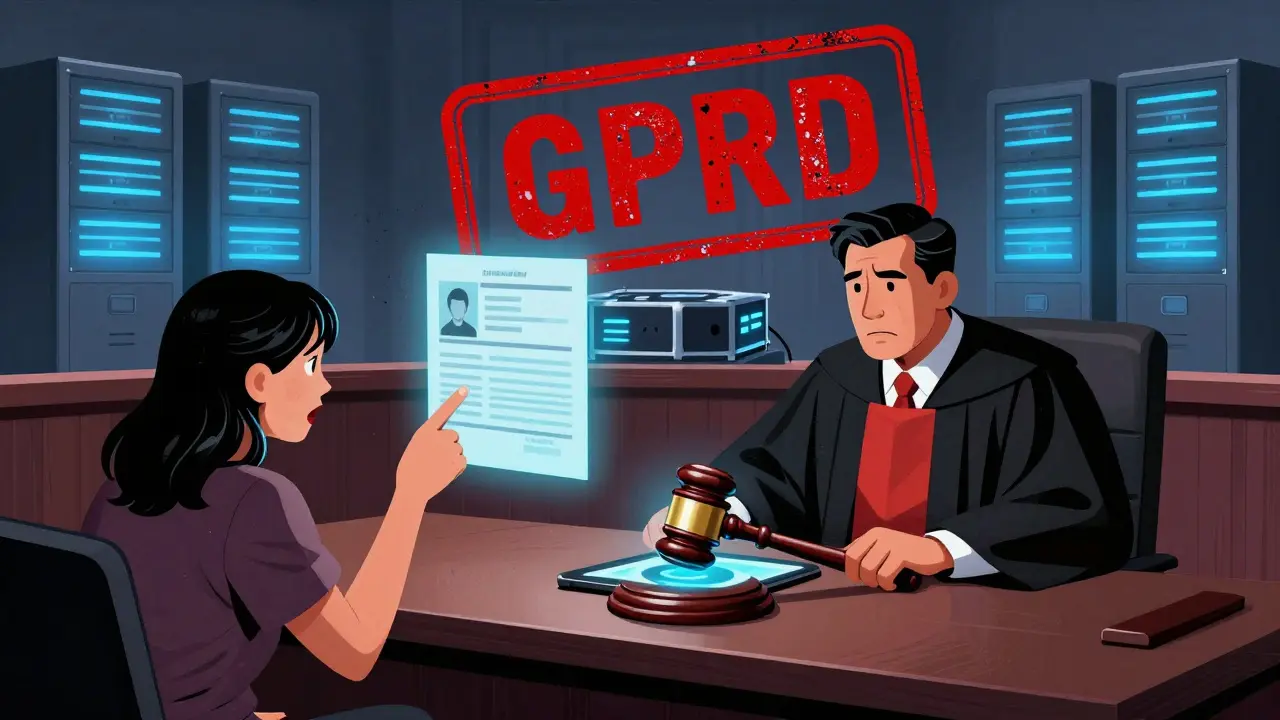 A courtroom scene with a GDPR stamp crushing a blockchain node while a patient points to fading personal data.