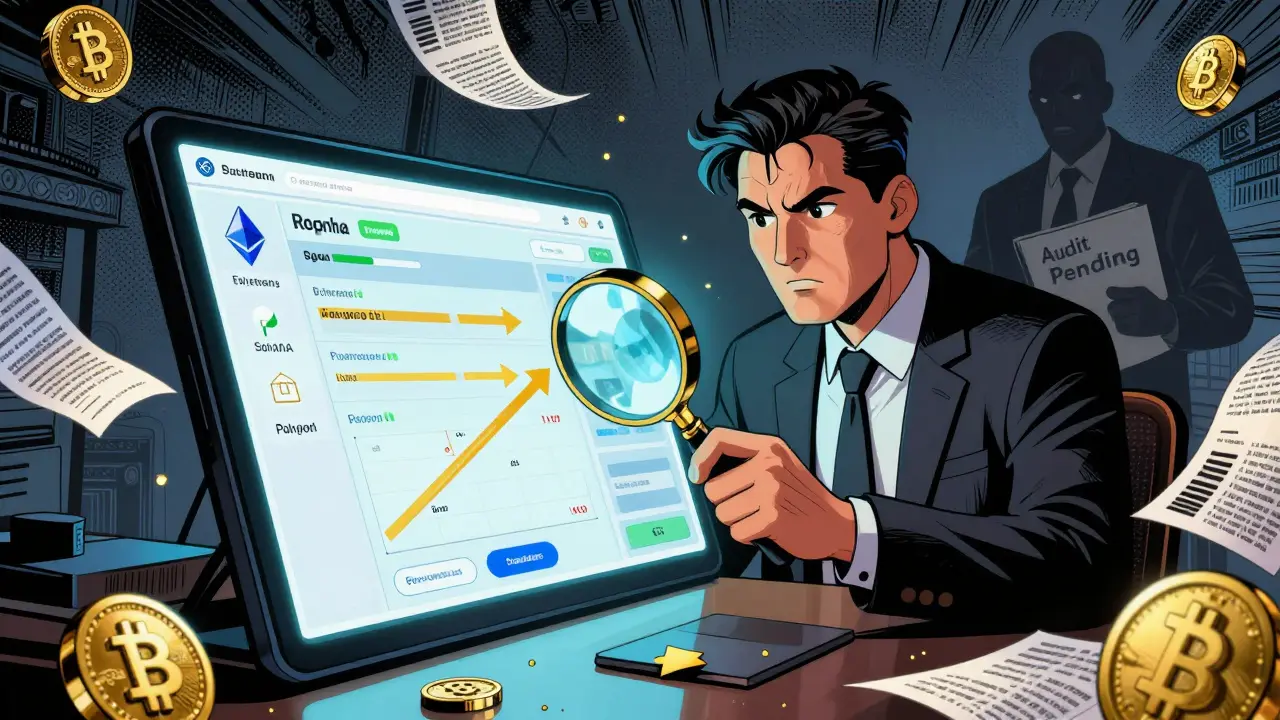 A crypto tax dashboard auto-classifying transactions while an accountant and IRS agent observe from behind.