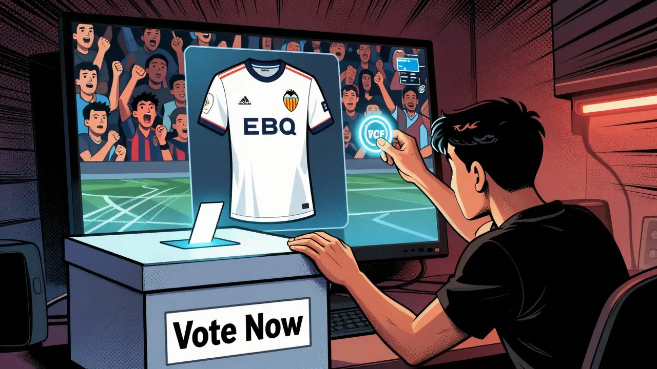 A fan reaching toward a digital ballot box glowing with VCF tokens, jersey design revealed on monitor behind.