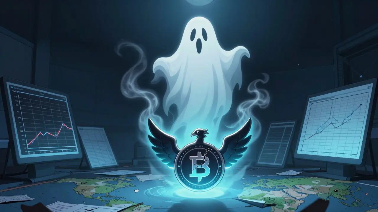 A ghostly BNX token dissolving as a new FORM token rises faintly, surrounded by abandoned trading charts.