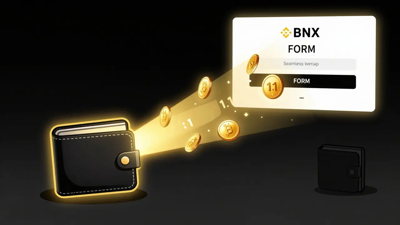 A glowing wallet transforms BNX tokens into FORM tokens, while another wallet fades into darkness in the background.