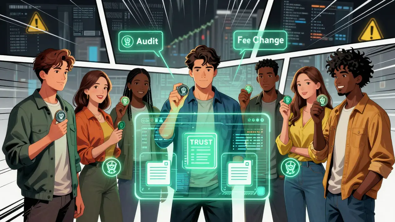 A group of people vote on blockchain upgrades using TRUST tokens while verified smart contracts glow around them.