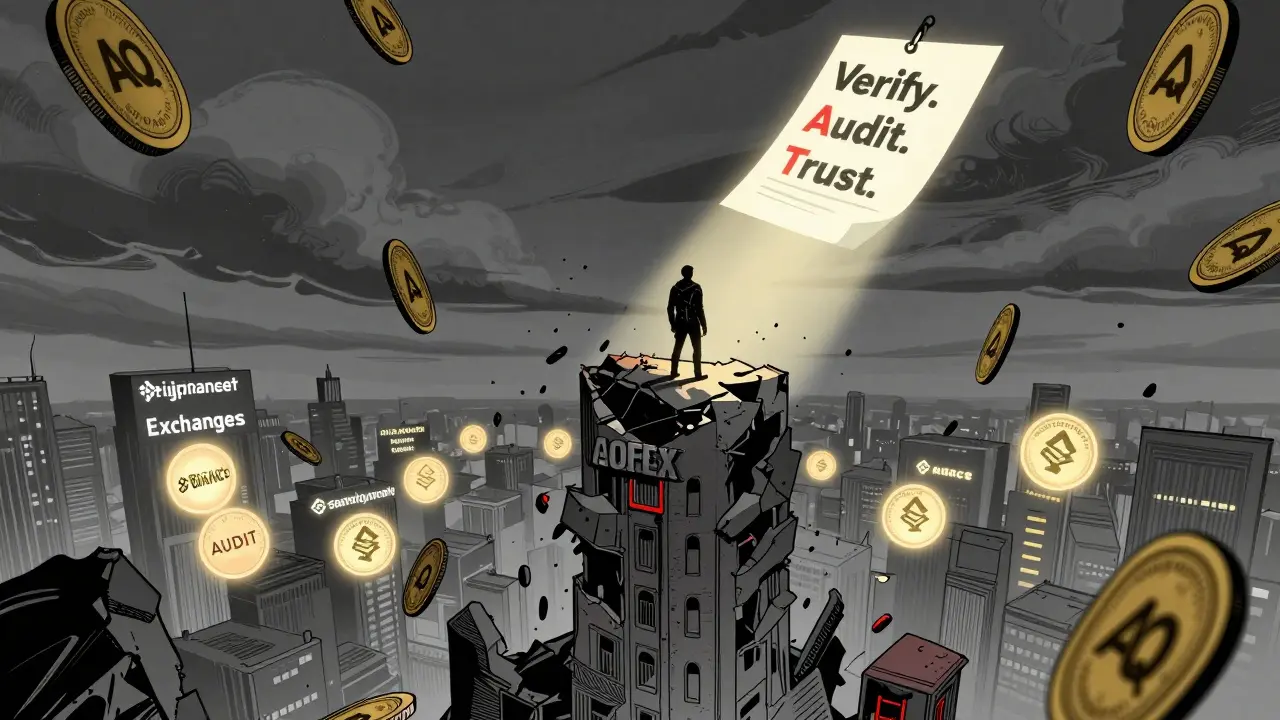 A lone figure atop a crumbling AOFEX tower as worthless tokens rain down, while regulated exchanges glow in the distance.