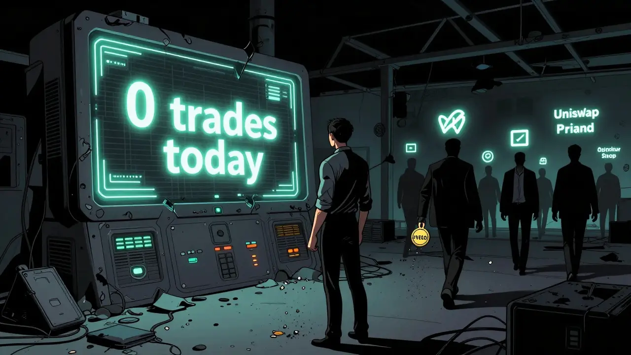 A lone investor watches tokens turn to dust as active DEXs glow in the distance.