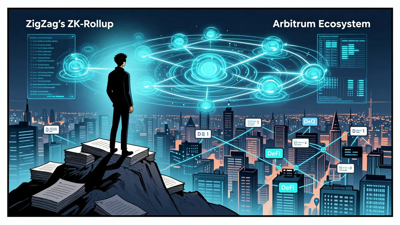 A masked trader atop ZK-Rollup proofs overlooking a chaotic Arbitrum DeFi city below.