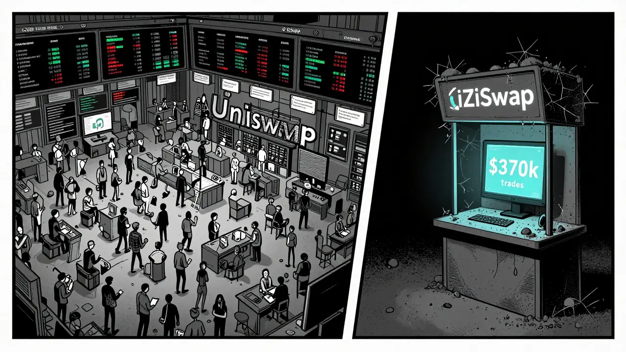 A massive active crypto exchange contrasted with a tiny, abandoned iZiSwap kiosk covered in dust and cobwebs.