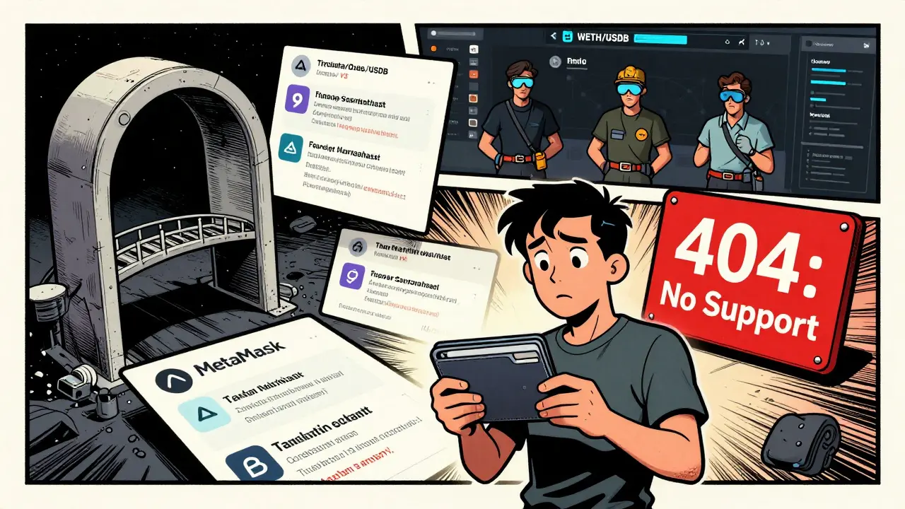 A newcomer struggles with failed bridges and cryptic contracts while experienced traders move smoothly on a modern DEX.