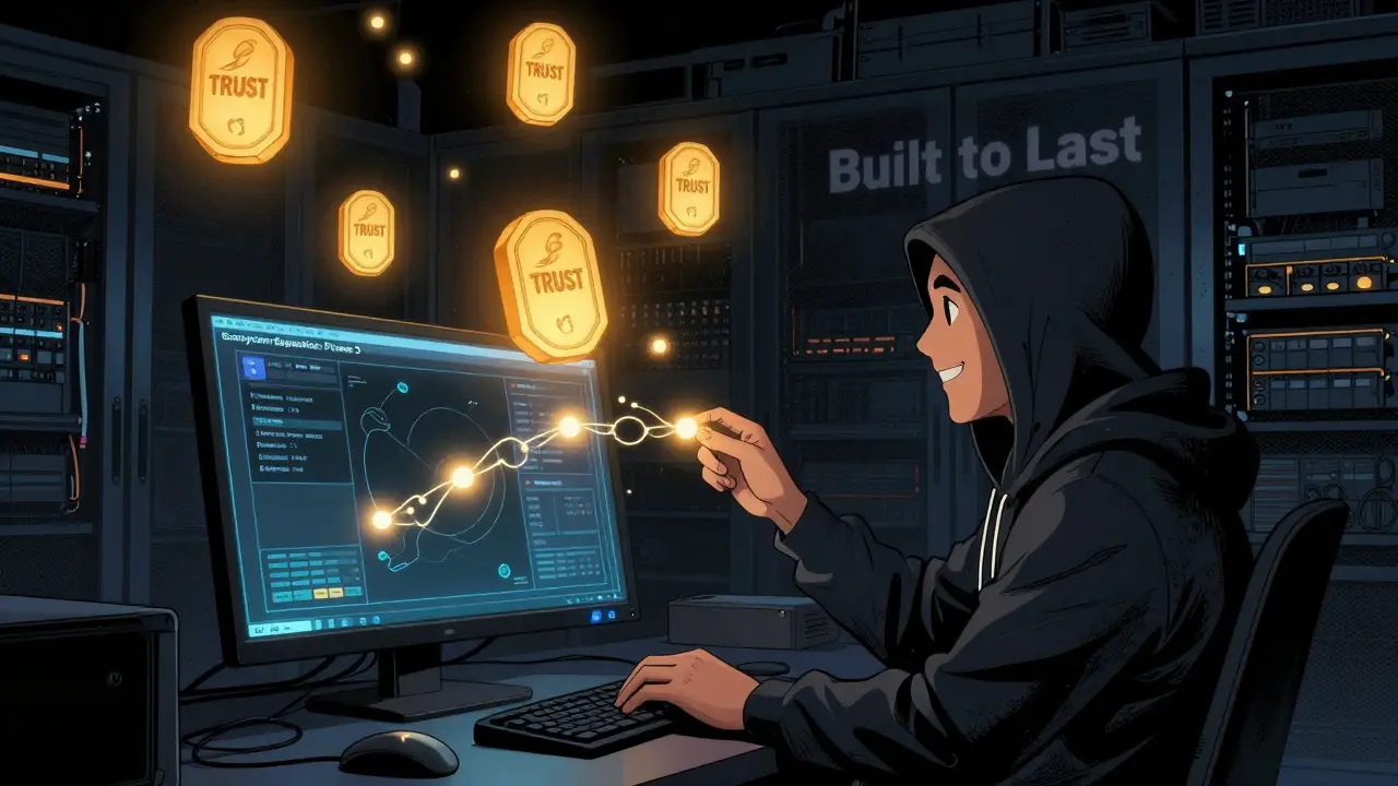 A quiet server room with floating TRUST tokens lighting up interconnected DeFi protocols under a moonlit window.