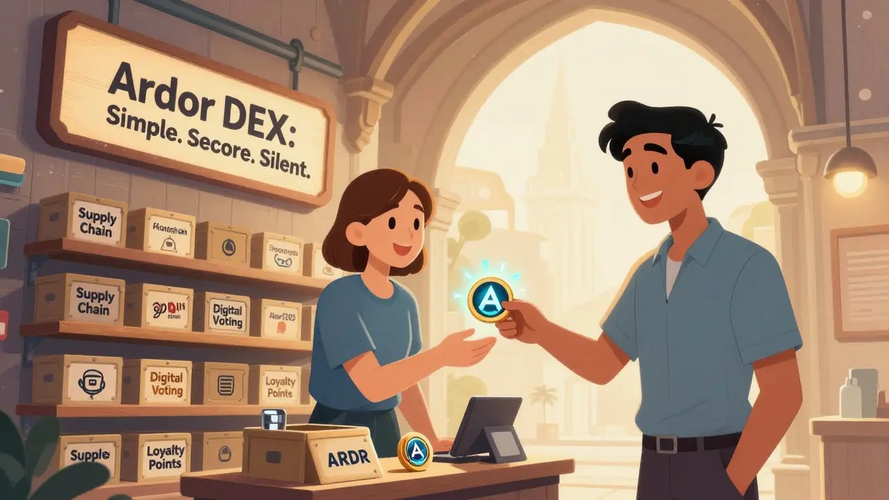 A small blockchain store with utility token crates and a glowing Ardor blockchain arch overhead, symbolizing secure, simple trading.
