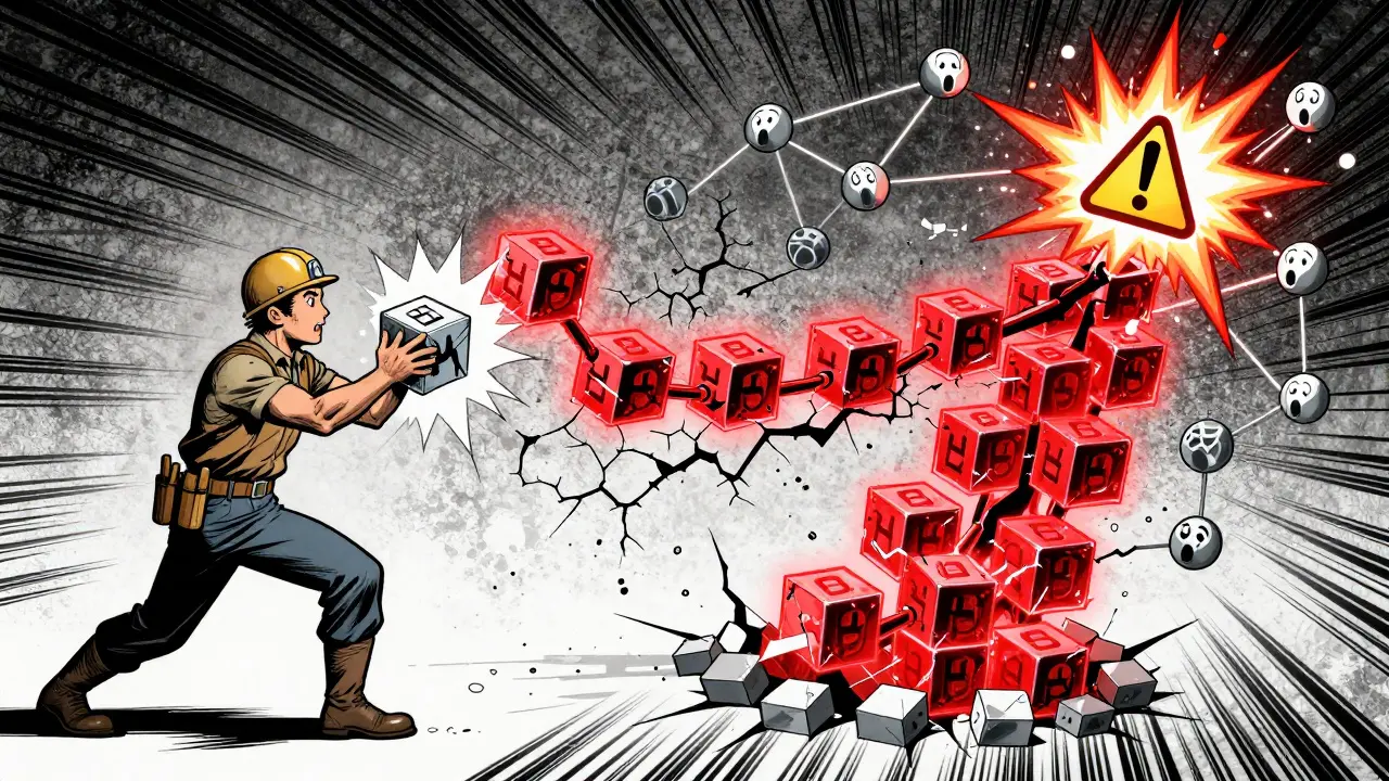 A tampered transaction causes a cascading red crash through a Merkle tree, with the root exploding in warning.