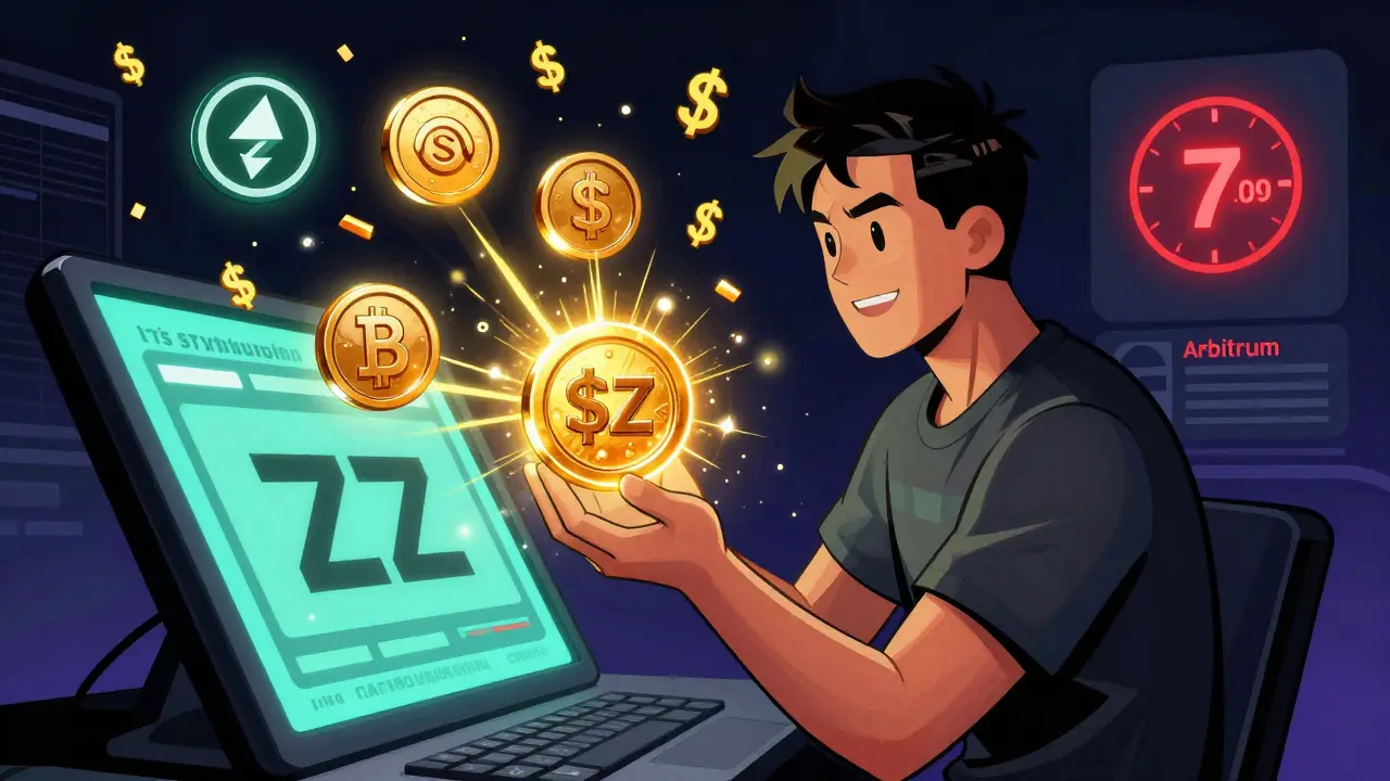 A trader holding a $ZZ token as crypto tokens swap instantly with <h2>Why ZigZag Isn’t on Arbitrum</h2>.05 fees floating around.