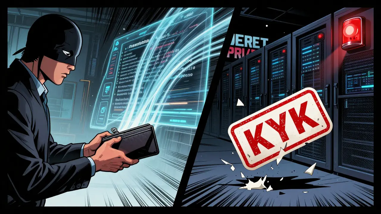 A user connects their wallet to a decentralized exchange while KYC documents are shredded.