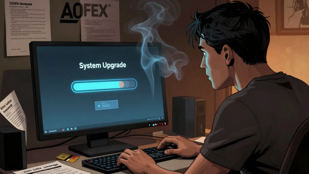 A user stares at a dark screen showing 'System Upgrade' while the AOFEX logo fades into smoke behind them.