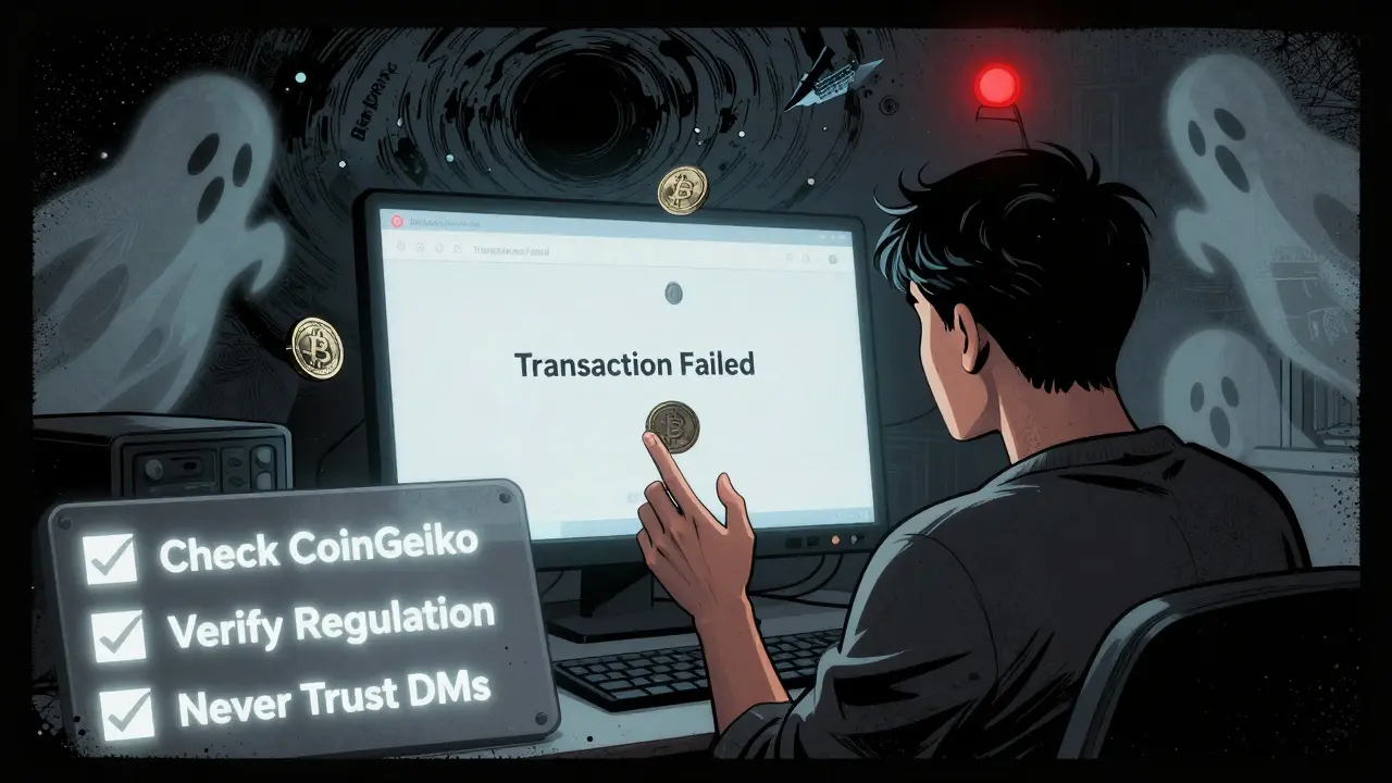 A victim watching crypto coins vanish into a dark vortex labeled 'Beeblock', surrounded by glowing safety checklist warnings.