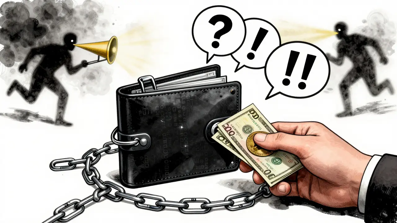 A wallet trapped in invisible code chains, with a hand risking  while shadowy figures flee in the background.