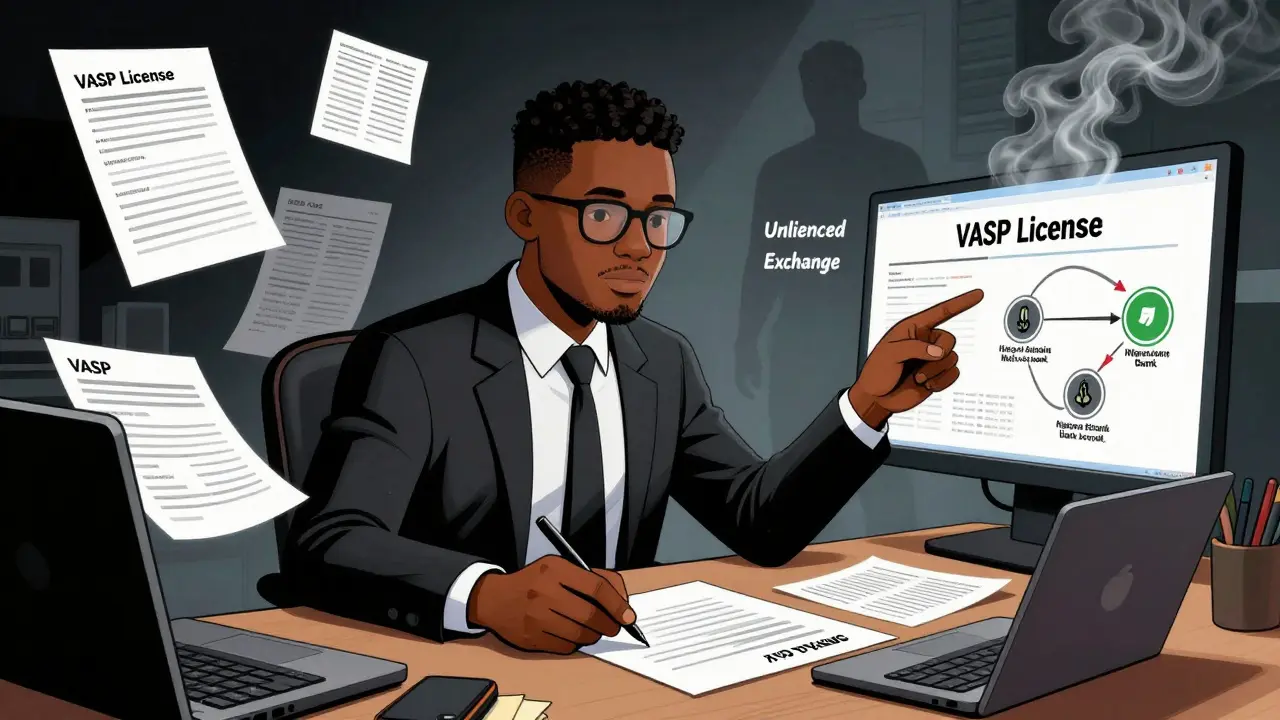 Business owner signing VASP license as blockchain transactions trace to bank account