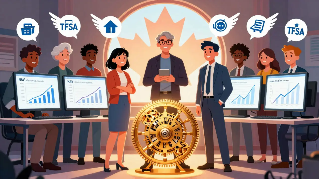 Diverse Canadians benefiting from Solana ETF staking rewards, with blockchain mechanics and tax-free savings icons above them.