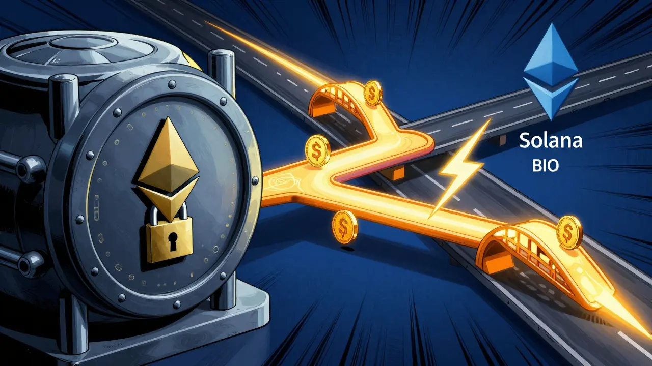 Dual-blockchain network showing Ethereum security and Solana speed connected by data streams