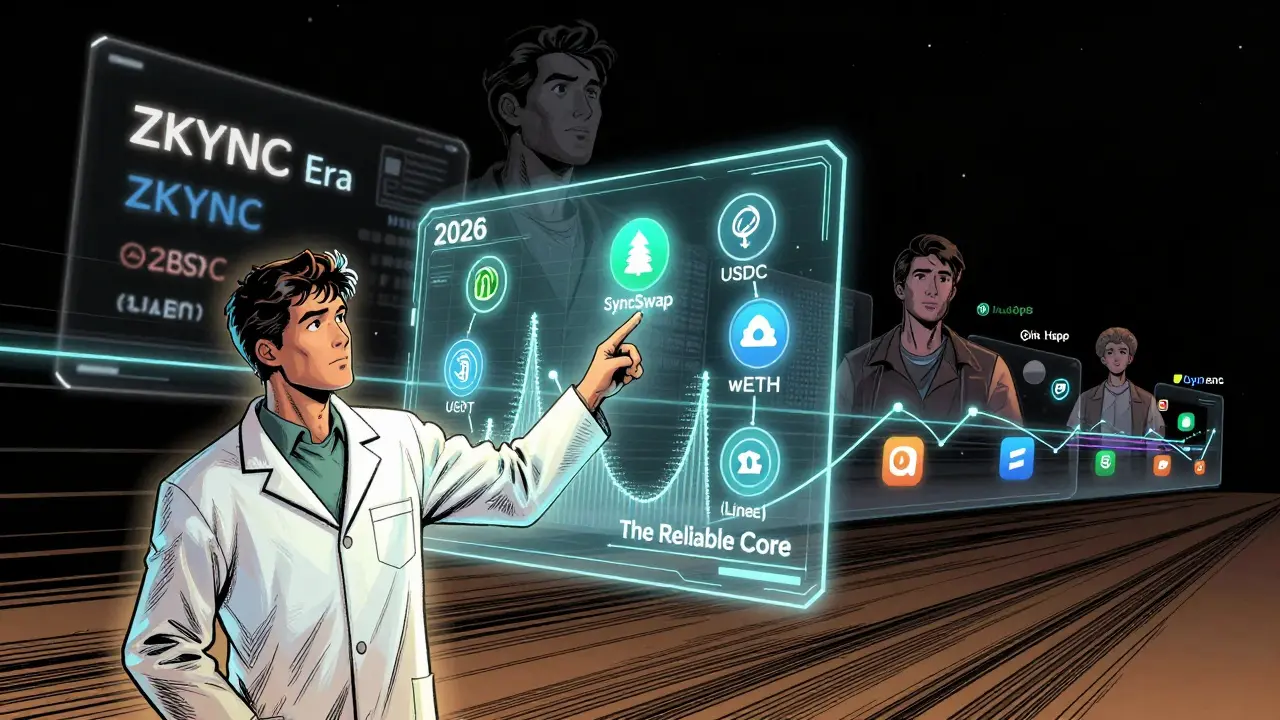 Engineer pointing to 2026 timeline where SyncSwap (Linea) is labeled 'The Reliable Core' of DeFi.